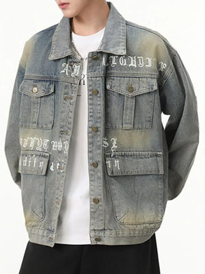 light blue denim jacket with letter-print and collared