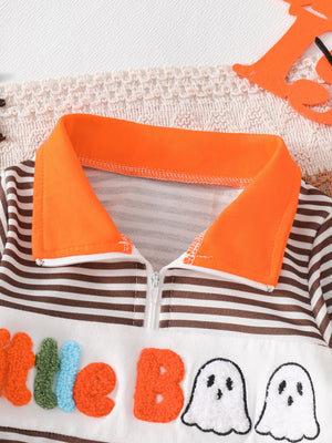 white sweatshirt featuring chenille patch and striped