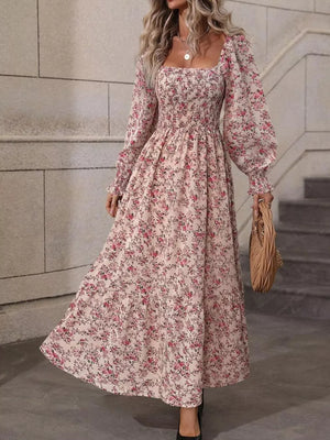 light pink midi dress with ditsy floral and square neck