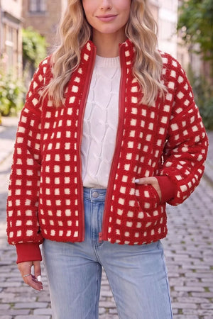 red jacket with geometric and collared