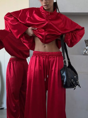 Zip Up Raglan Sleeve Jacket And Pants Set in White with drawstring