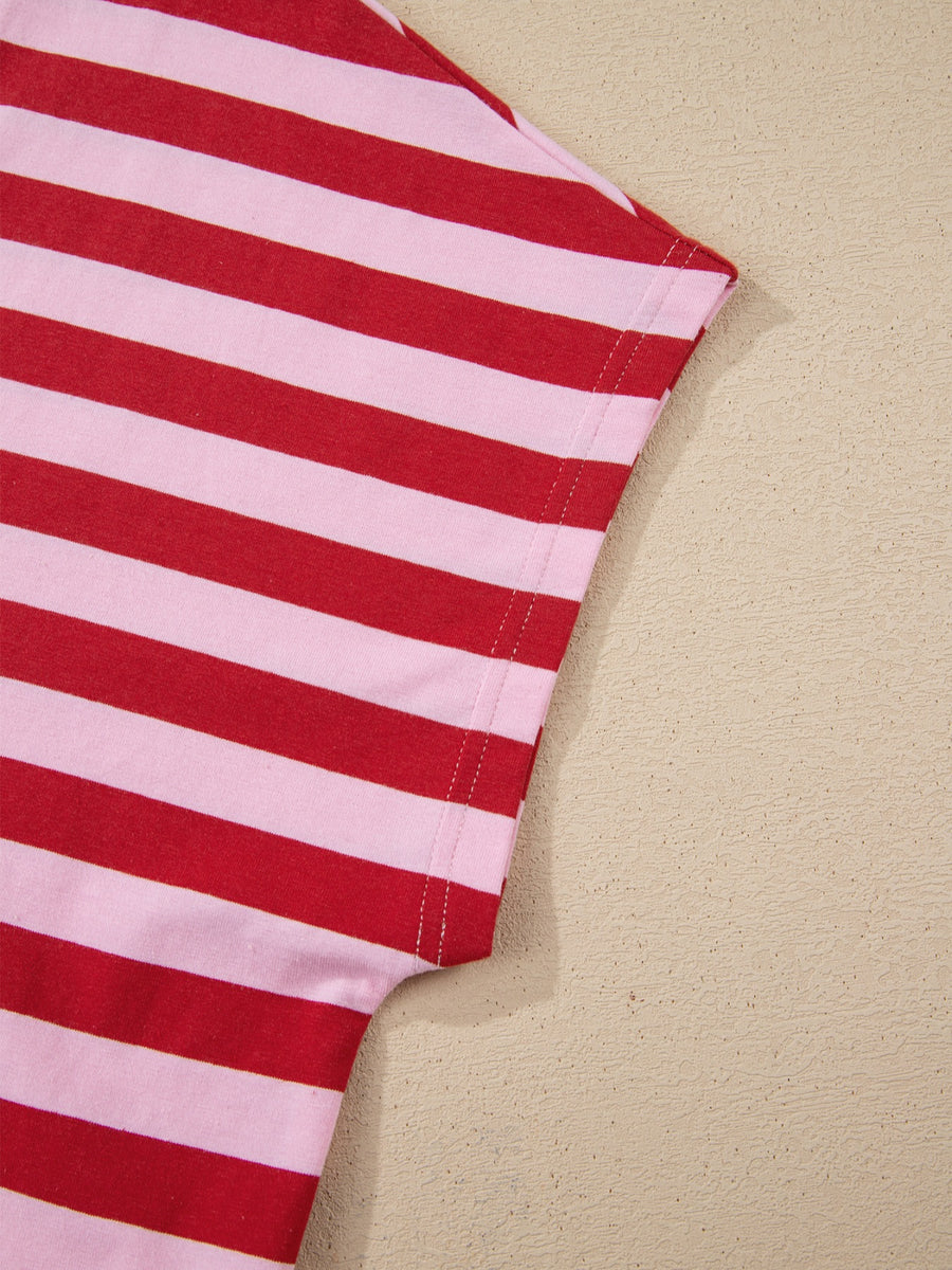 Stripe split v neck t-shirt in red and pink cotton blend with visible stitching detail.