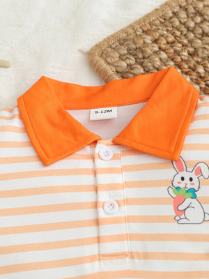 Children's orange and white striped polo shirt with bunny graphic and orange collar.