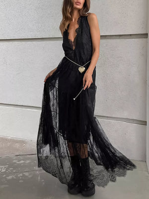 100% polyester Care instructions: Machine wash cold maxi dress in Black with A-line silhouette