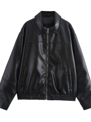 black bomber jacket with hip-length and zip-front