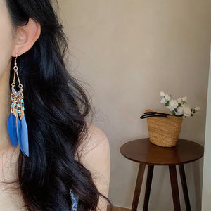Blue feather drop earrings with beads and alloy accents.