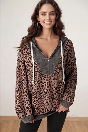 reddish-brown hoodie with leopard-print and hooded