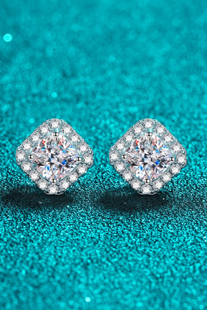 Silver square halo moissanite stud earrings with a central cushion-cut stone and a halo of smaller stones.