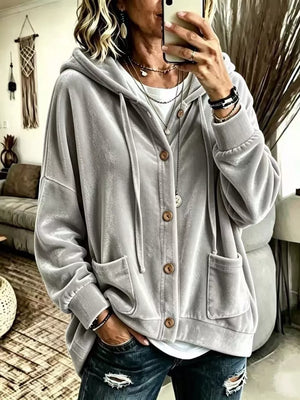 Full Size Casual Button-down Hooded Outerwear in Navy