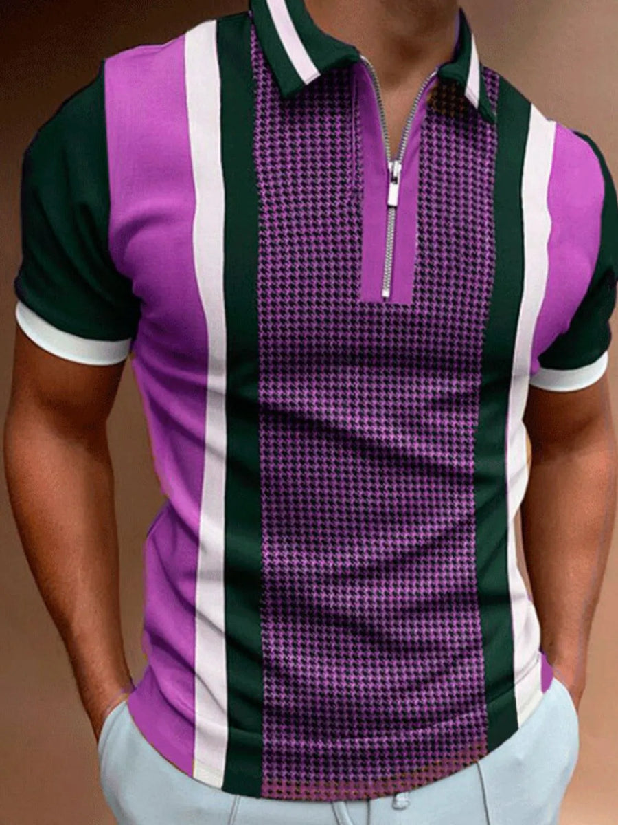 Zip polo shirt in Vivid Violet with houndstooth panels and vertical stripes