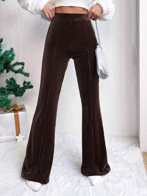 Dark Brown corduroy maternity flare pants with high waist and bell bottoms.