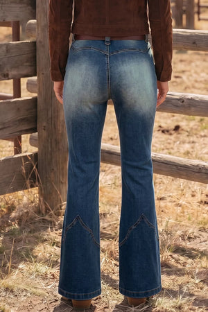 75% cotton, 23% polyester, 2% elastane Care instructions: Machine wash cold flare jeans in dark wash blue with flared