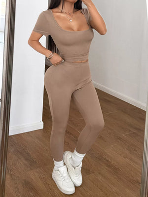 Khaki ribbed short sleeve crop top and leggings set with a square neckline.