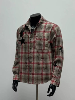 burgundy button-up shirt with plaid and collared