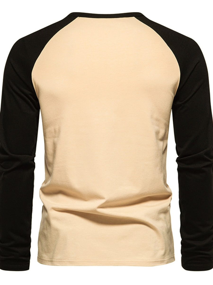 Men's long sleeve raglan t-shirt in beige with black sleeves and crew neck.