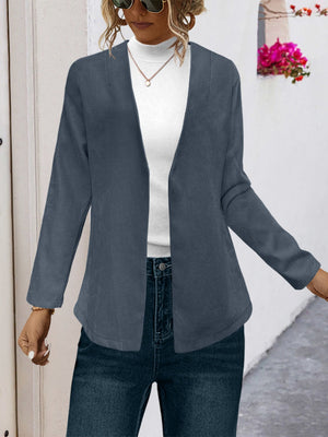 Suede-effect open front blazer in French Blue, with long sleeves and a relaxed fit.