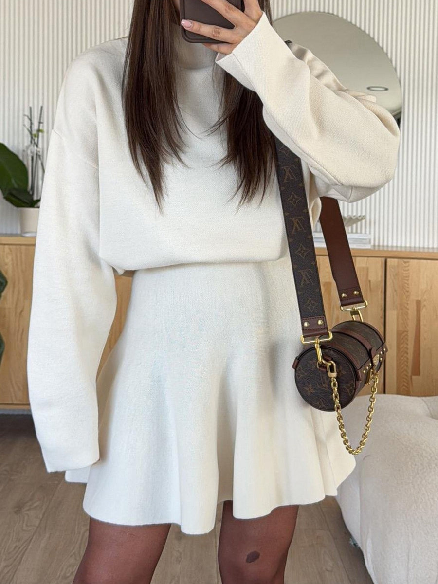 skirt set in cream featuring two-piece and relaxed top, flared skirt fit