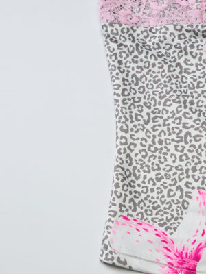 Lace-trimmed leopard print cami with pink floral detail