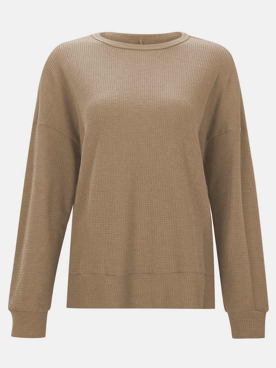 Tan waffle knit crewneck relaxed fit long sleeve top
