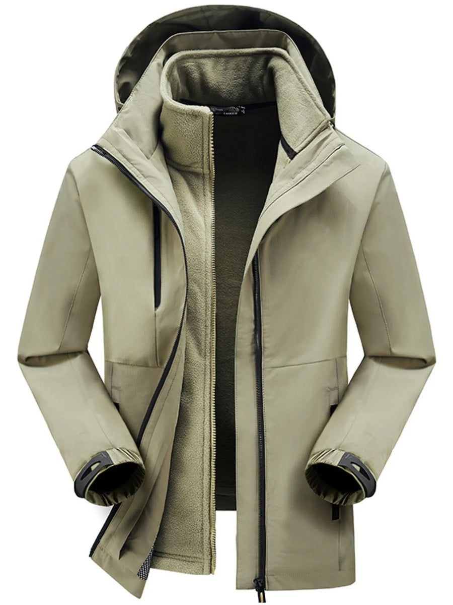 Khaki hooded zip jacket with fleece lining and black zipper details.