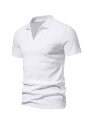 Men's white cotton blend polo shirt with notched collar and short sleeves.