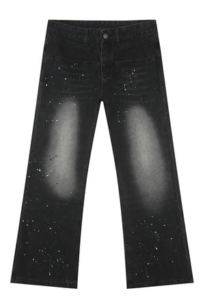 Dark wash flare jeans with double waistline and splatter paint detail
