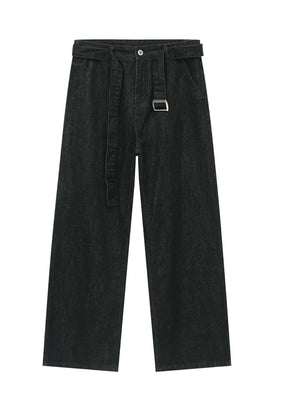 Black denim wide-leg trousers with a matching belt and silver buckle.