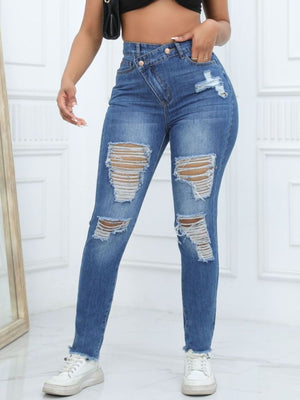 Distressed High-Waisted Slim Jeans in Black with distressed