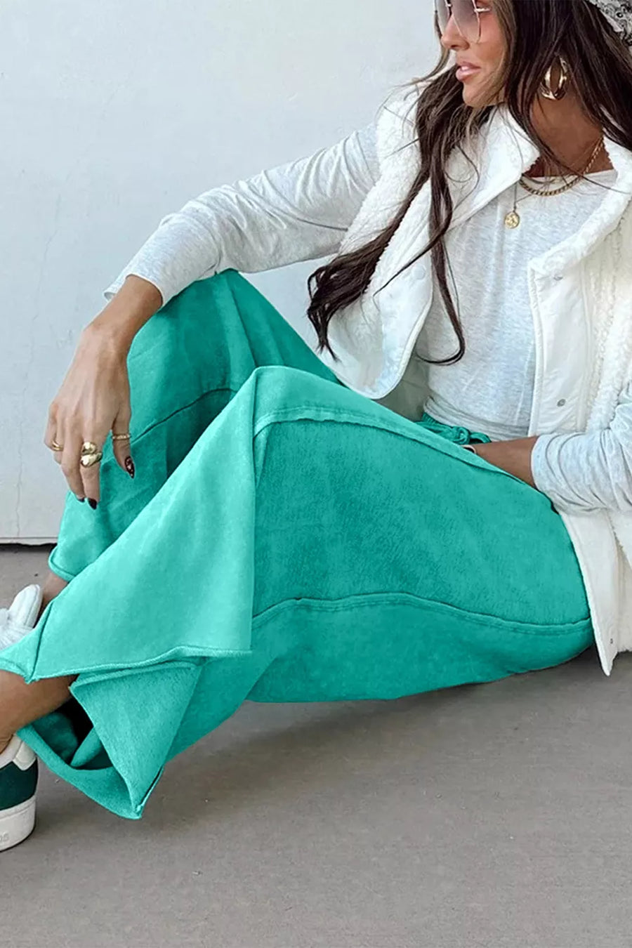 High-waisted Wide-leg Pants in teal with drawstring