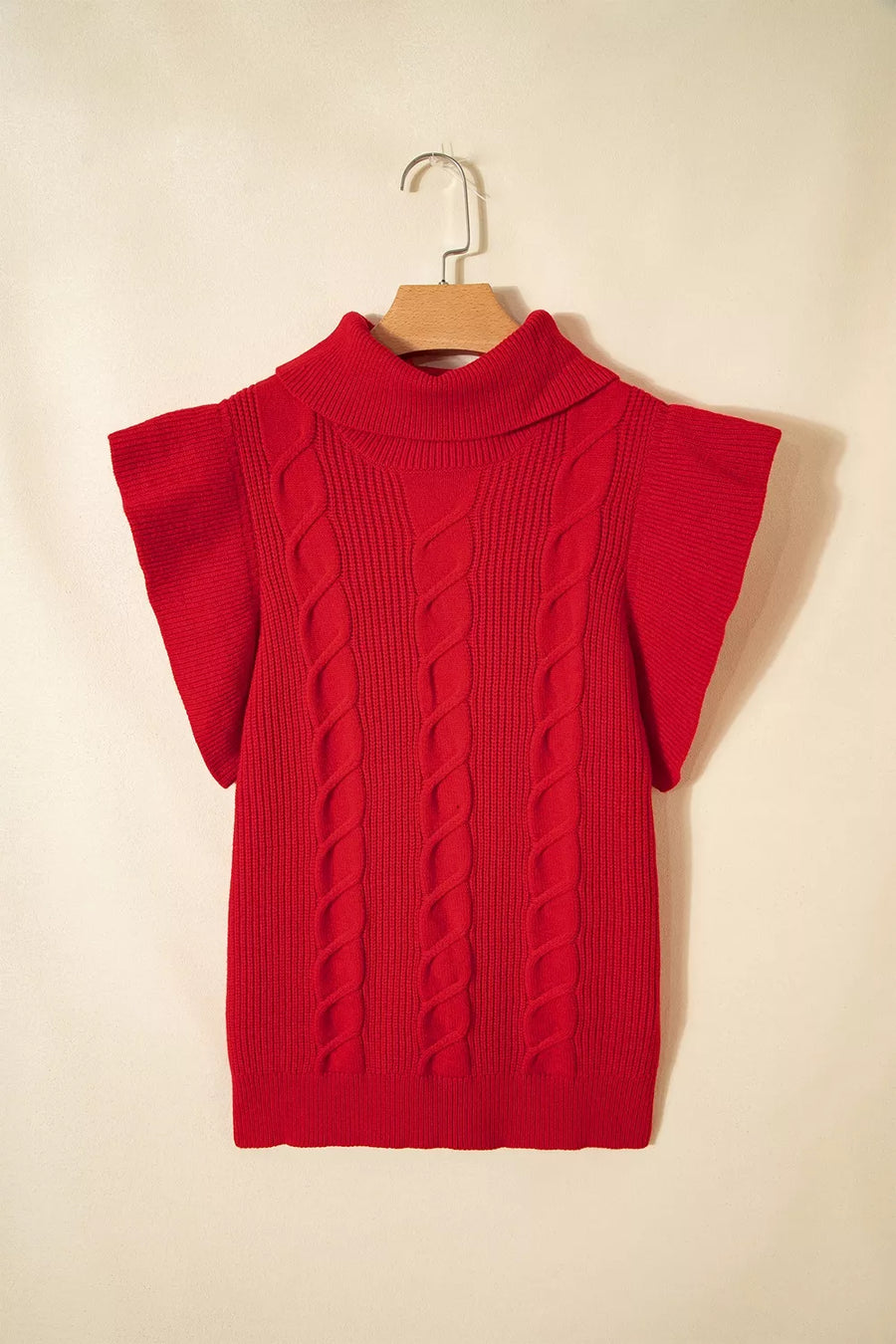 red turtleneck sweater with ruffled and short sleeve