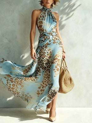 light blue maxi dress with leopard-print and halter
