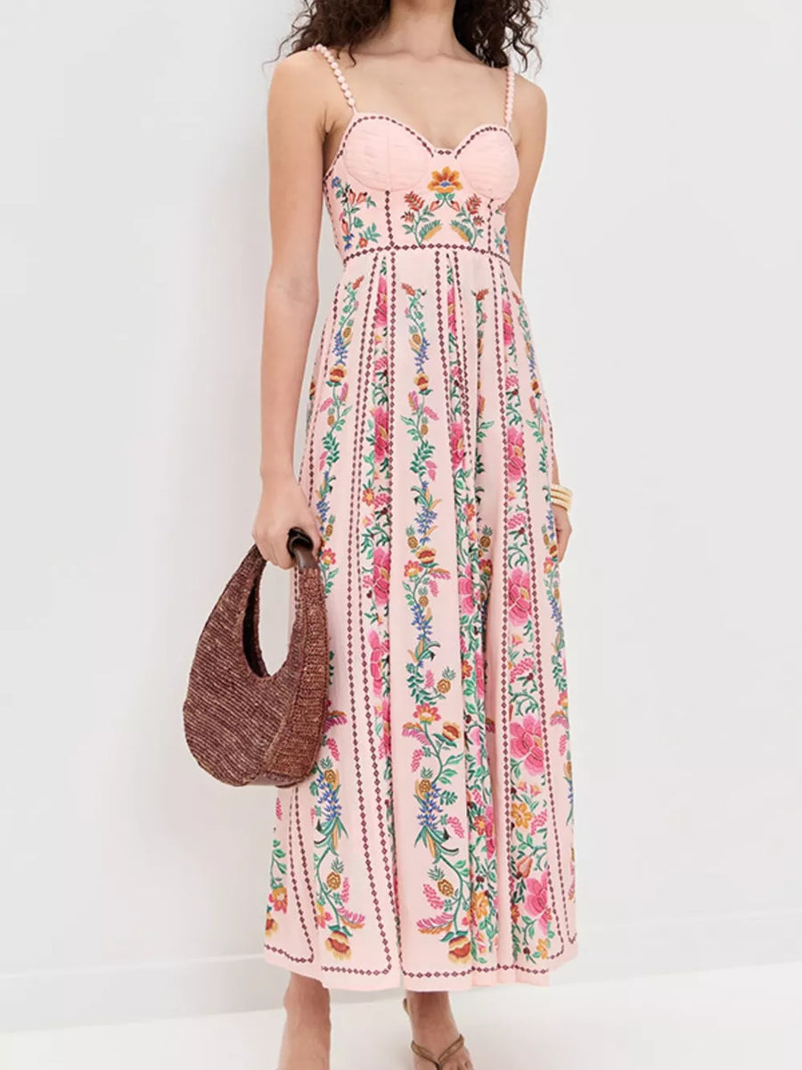 Pink floral sweetheart neckline midi dress with beaded straps and a gathered bodice.