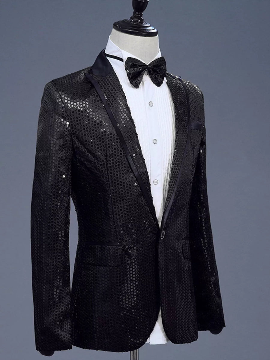 Men's black sequin one button tuxedo blazer with satin lapels and bow tie.