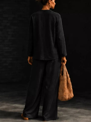 Notched Long Sleeve Top And Pants Set in Sky Blue with notched