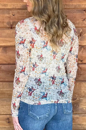 Beige with Cowboy Print Mesh Long Sleeve Top