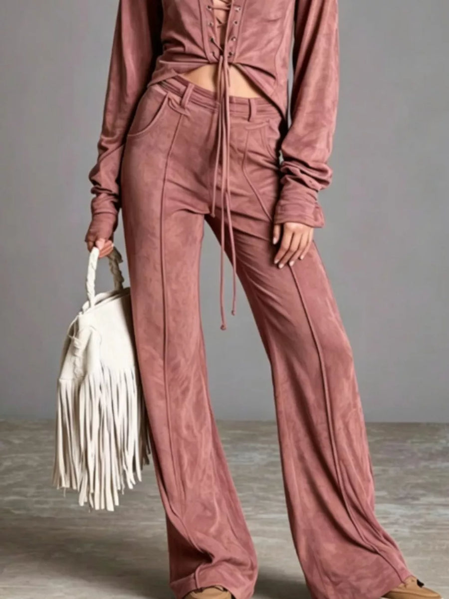 boho two-piece set in Brown with lace-up