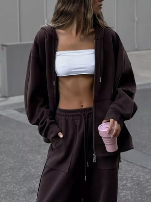 Oversized Zip-up Hoodie And Wide-leg Pants Set in Brown, view 12