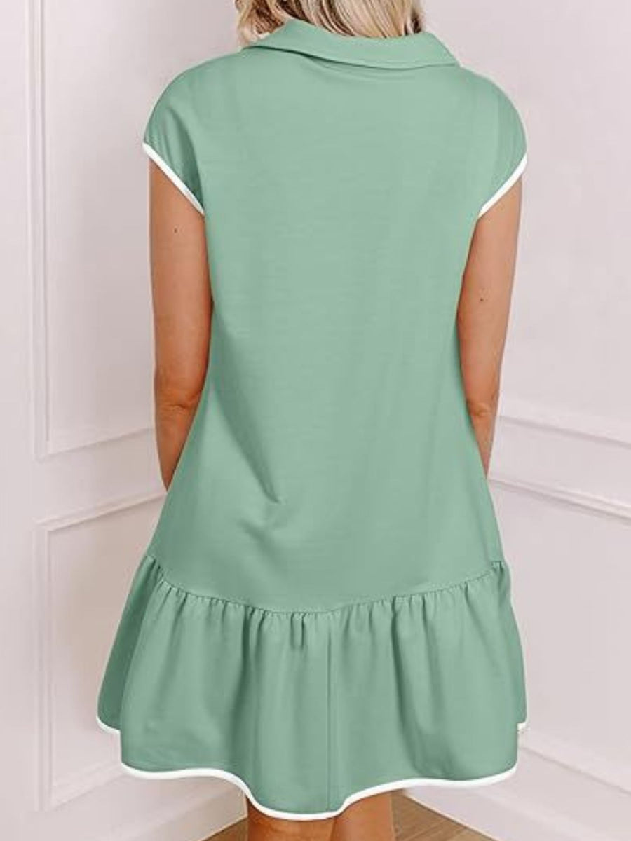Gum Leaf zip front cap sleeve ruffle dress with white trim