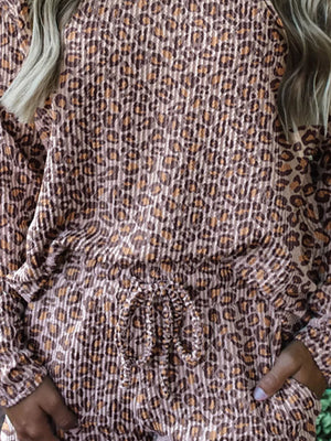 Leopard print ribbed loungewear set with drawstring waist detail.