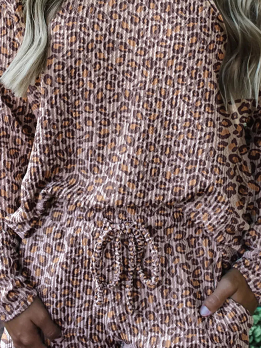 Leopard print ribbed loungewear set with drawstring waist detail.