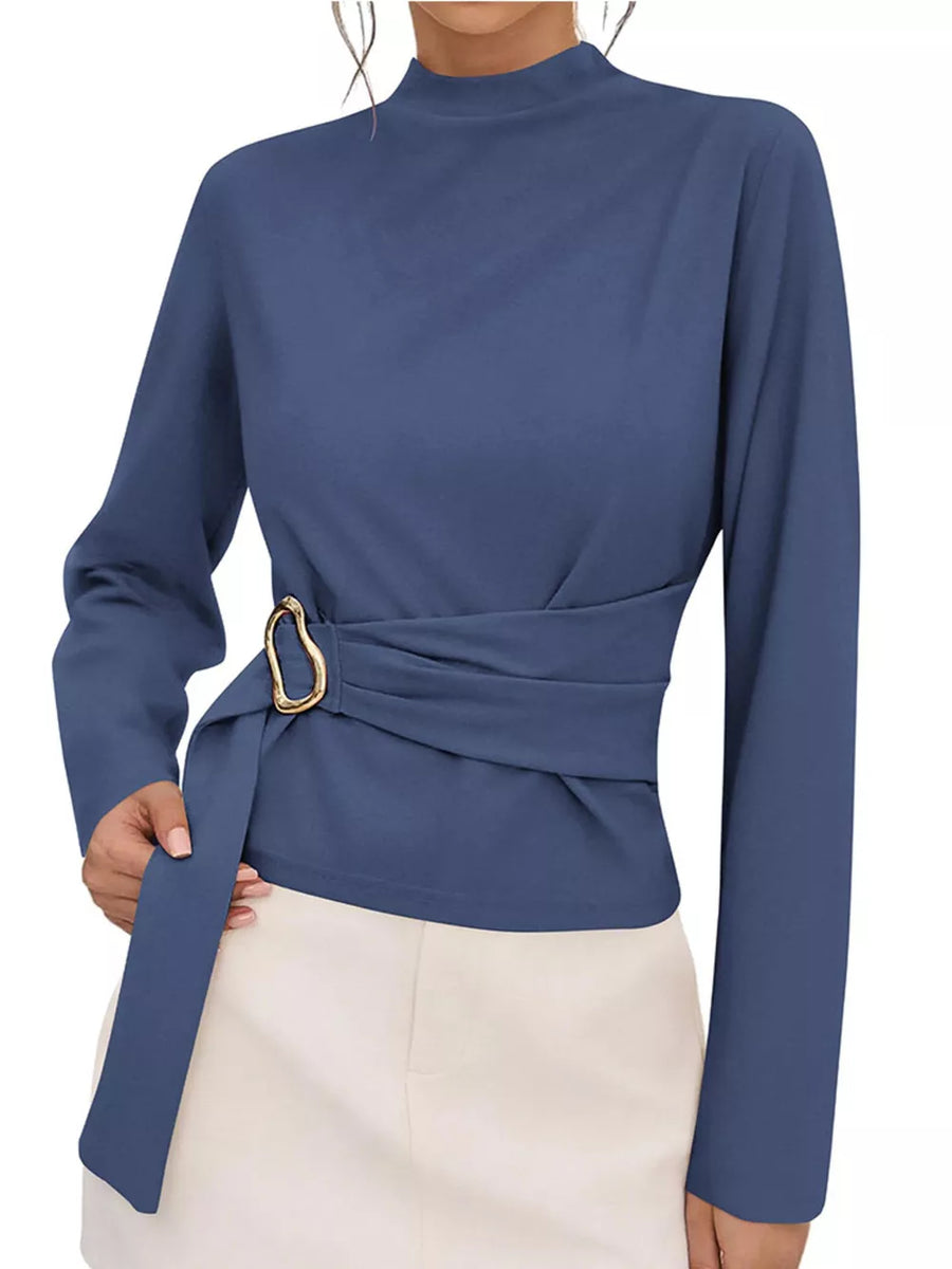 Mock Neck Blouse With Metal Buckle Waist in Blue with tied