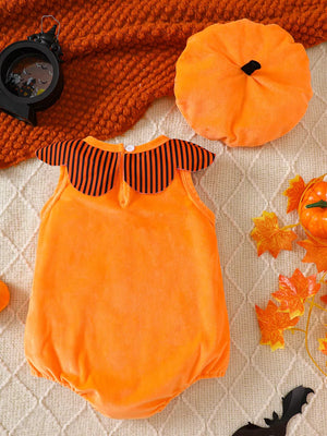 Children's Halloween Sleeveless Bodysuit And Hat Set in orange with zipper
