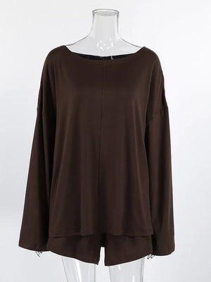 Oversized Long Sleeve Top And Shorts Lounge Set in Black with basic style