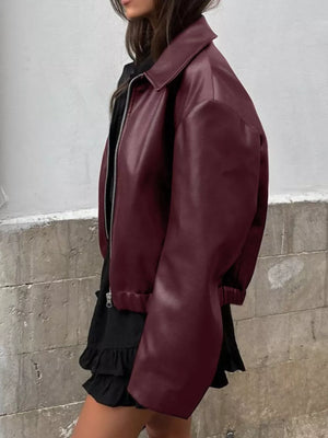Faux Leather Zip Up Jacket in Burgundy with zipper