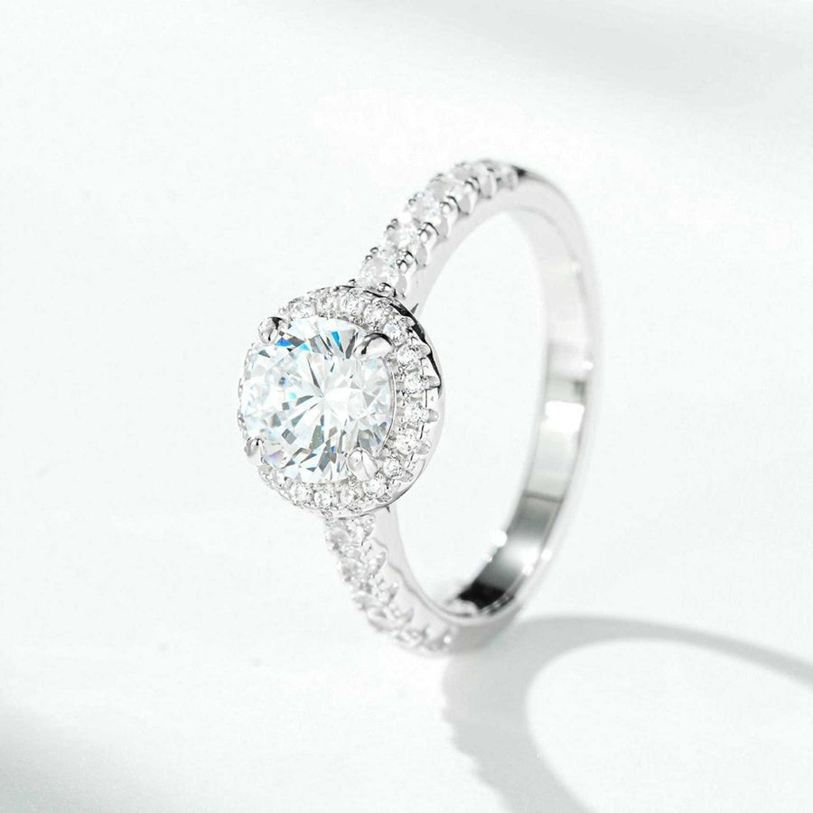 Halo Pave 1 Carat 925 Sterling Silver Moissanite Ring in clear with halo setting