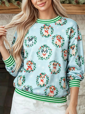 light blue sweatshirt with dog print and round neck