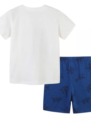 White t-shirt and blue dinosaur print shorts set