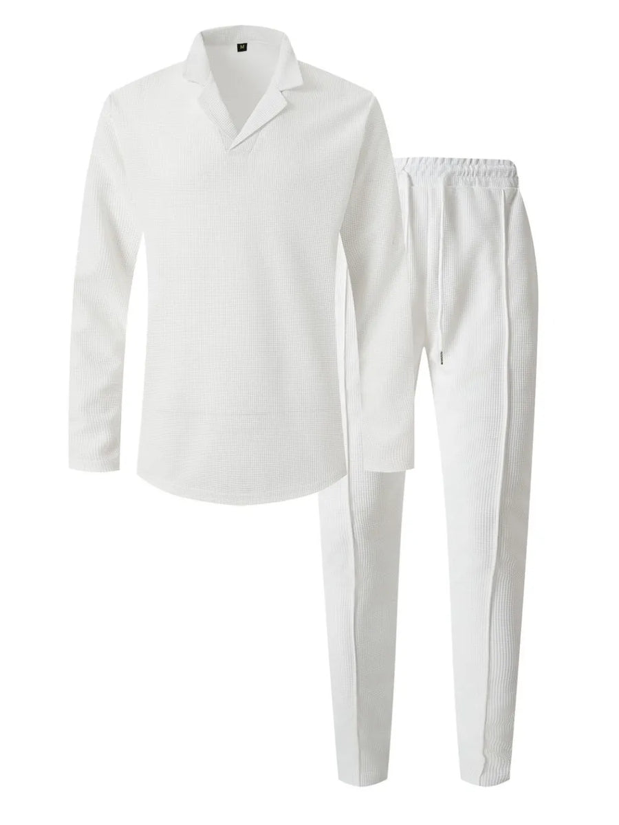 White textured collar lounge set with long sleeves and drawstring pants.