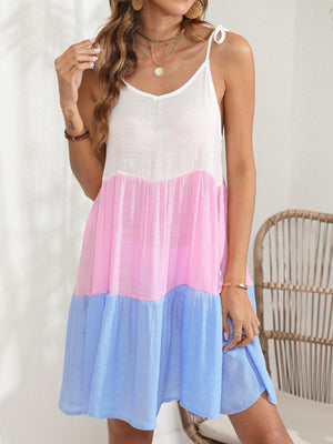 Tiered pastel summer dress with white, pink, and blue colorblock.