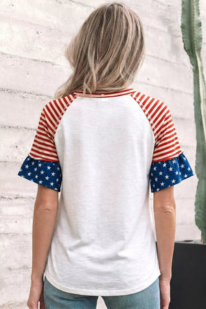 White t-shirt with ruffled star-print sleeves and striped raglan sleeves.